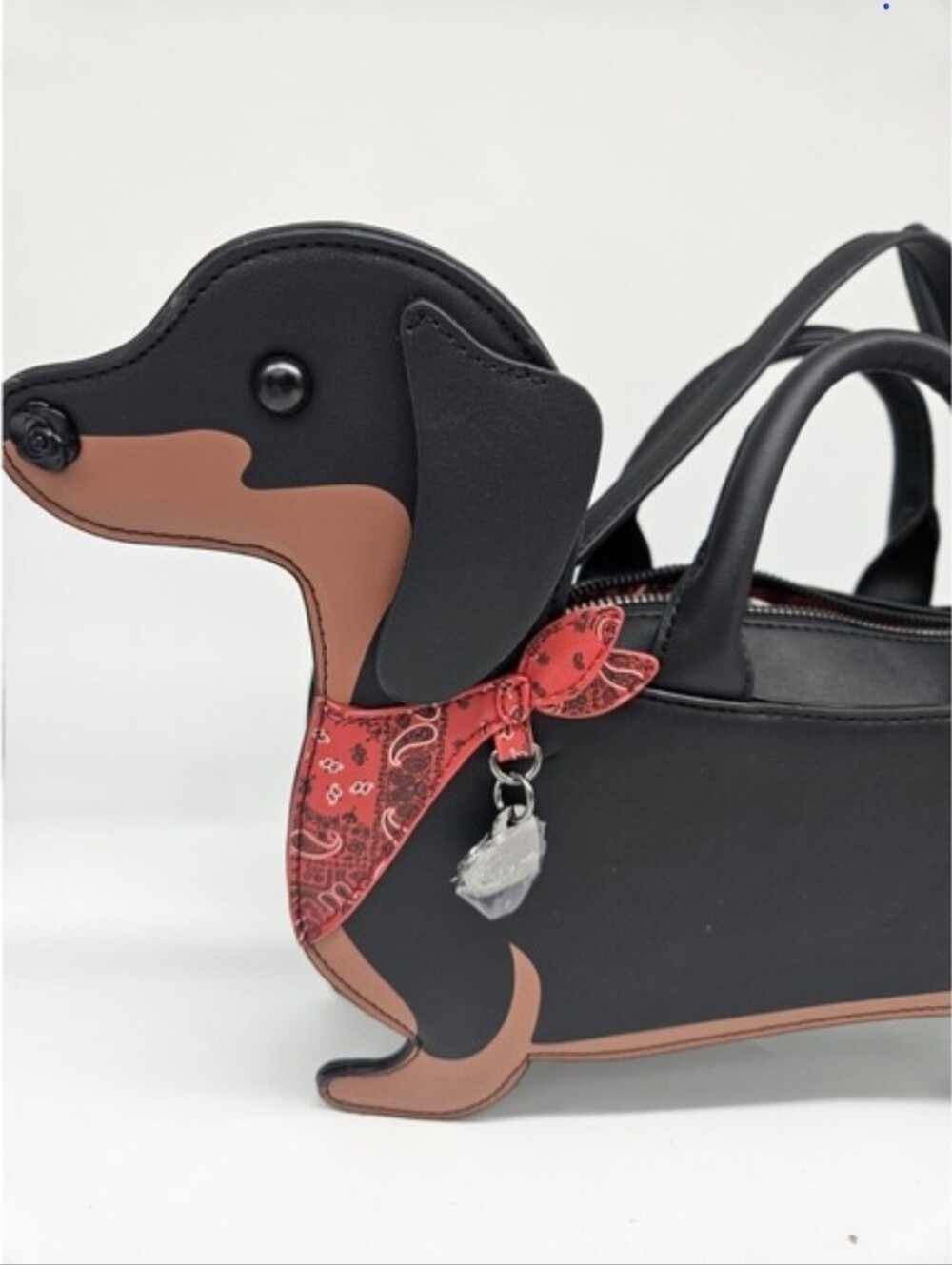 Betsey Johnson Dachshund Dog Satchel Zip Top Handle Handbag Crossbody Black Brow - Picture 3 of 4